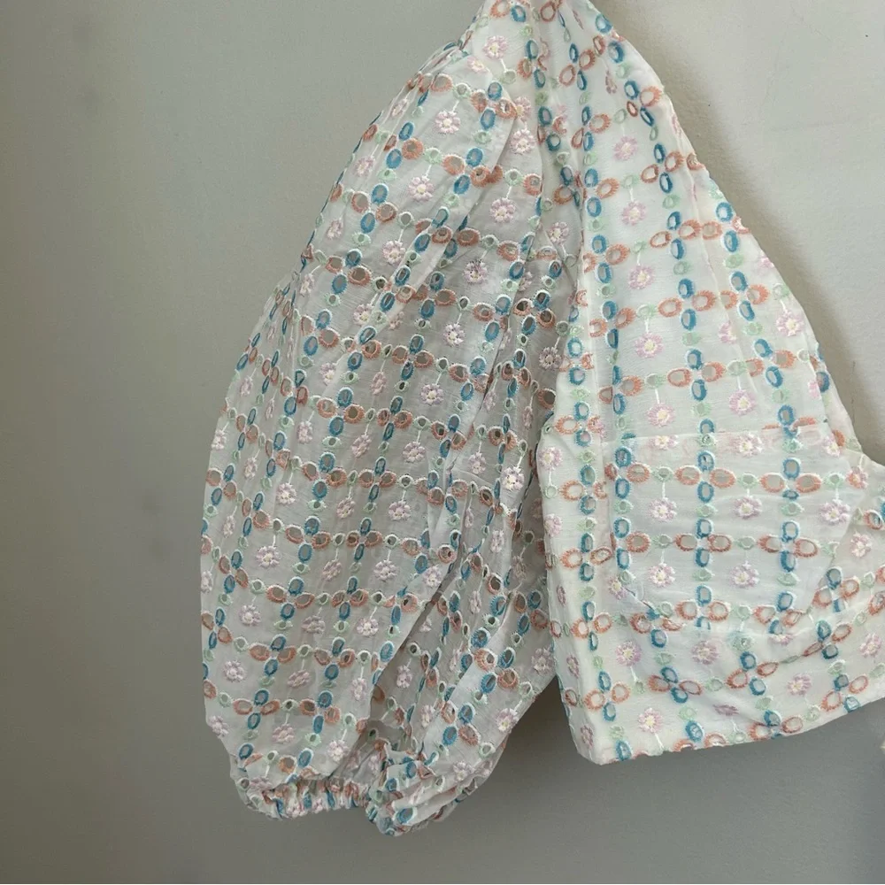 For Love And Lemons White Eyelet Crop Top with Pastel Blue Print - Picture 5 of 14
